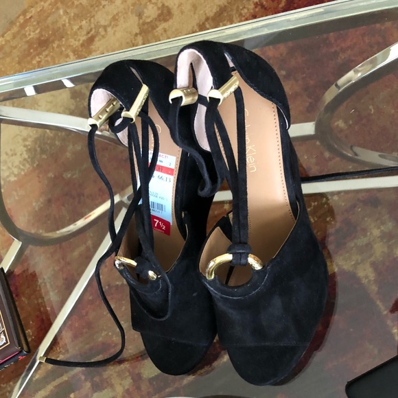 Calvin Klein Black Suede Wedge Heel Shoes - Picture 2 of 7